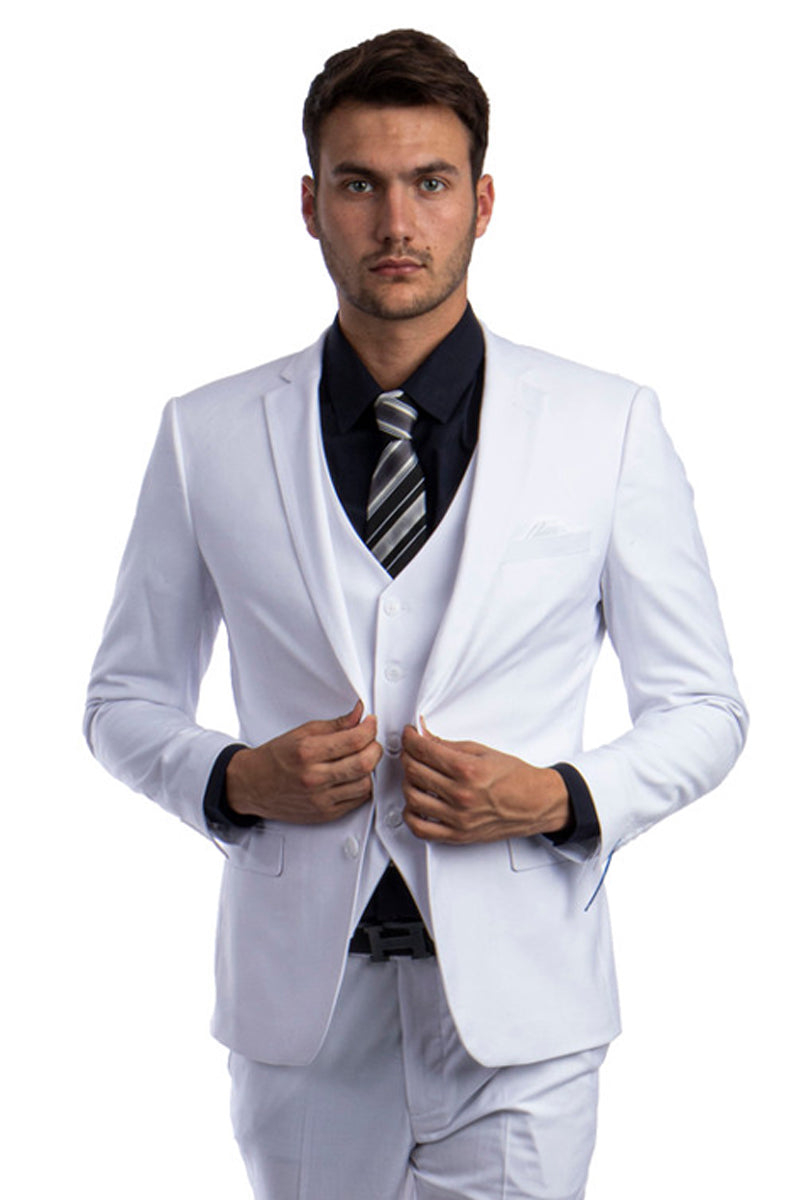 Men’s Two Button Slim Fit Vested Solid Basic Color Suit in White