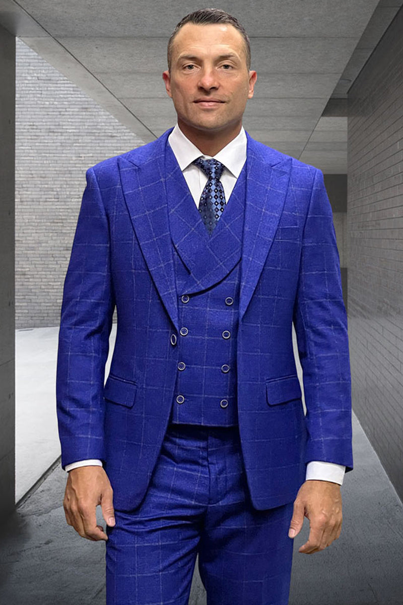 Men’s Designer Wool Suit with Double Breasted Vest in Cobalt Blue Windowpane Plaid