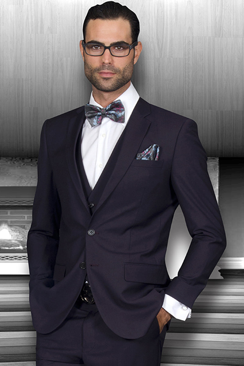 Men’s Designer Slim Fit Vested Wool Wedding Suit in Eggplant Purple