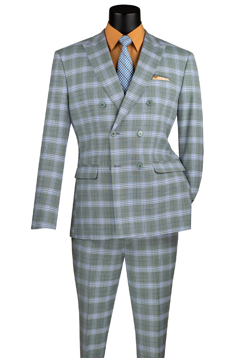 Men’s Slim Fit Double Breasted Suit in Sea Green Windowpane Plaid