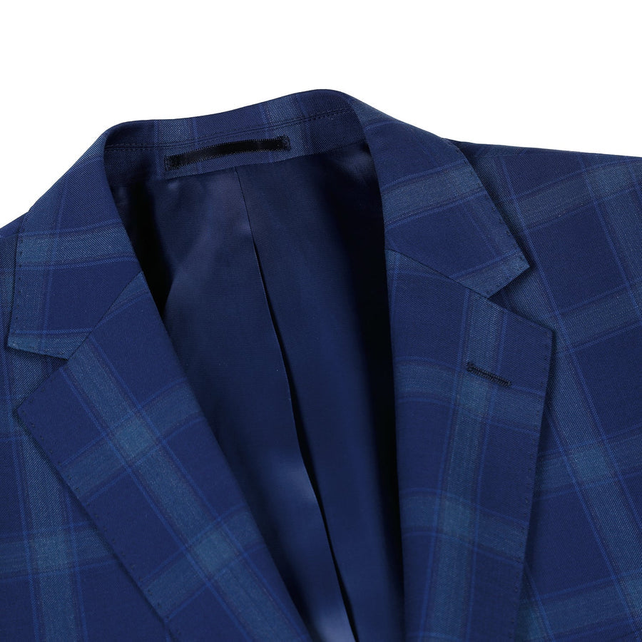 Mens Two Button Classic Fit Two Piece Wool Suit in Dark Royal Blue Windowpane Plaid