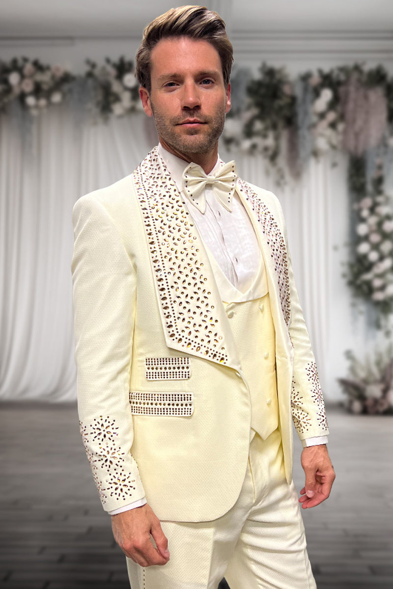 Men’s Designer Vested Wool Studded Shawl Lapel Prom & Wedding Tuxedo in Off White Ivory