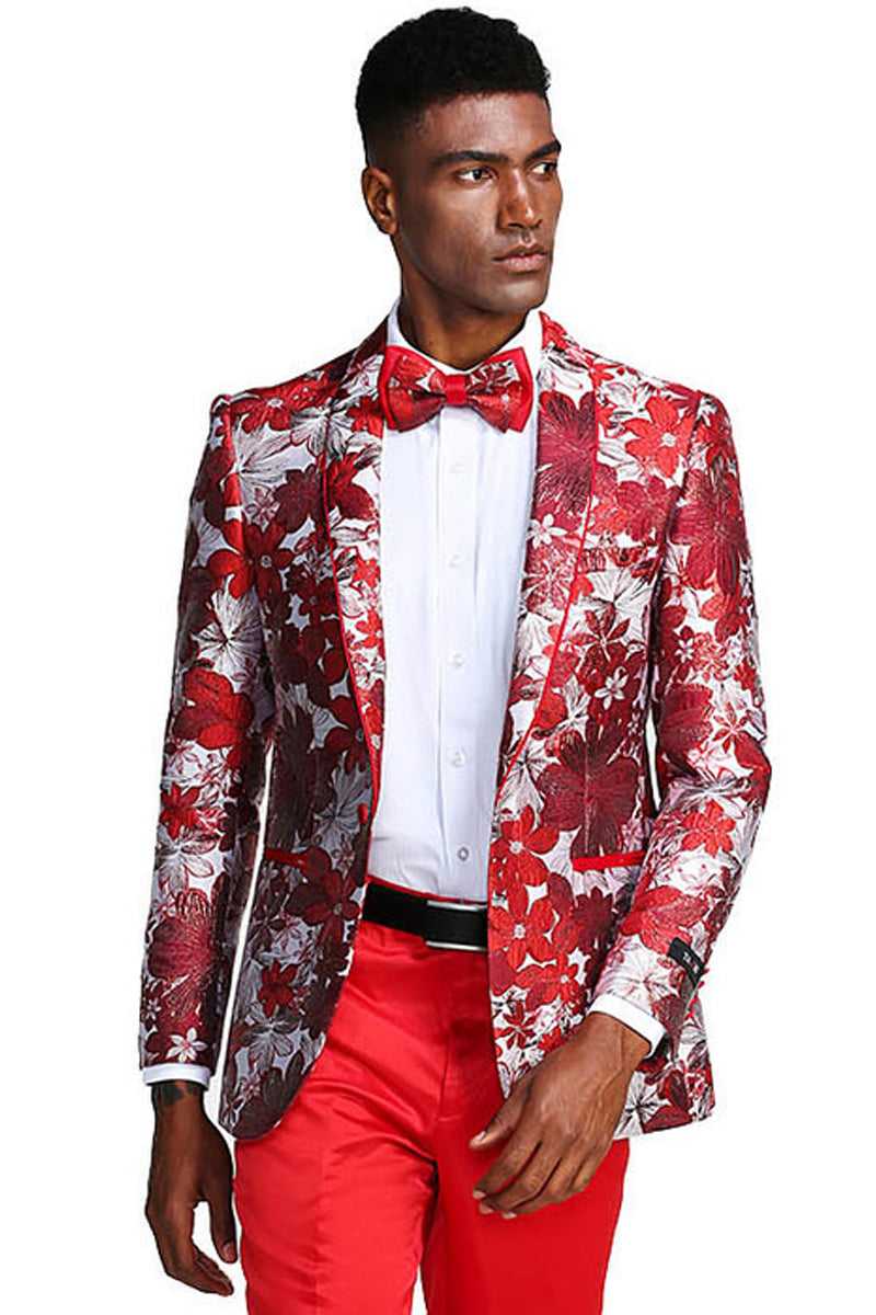 Men’s Slim Fit Paisley Prom Tuxedo Jacket in Red & Silver