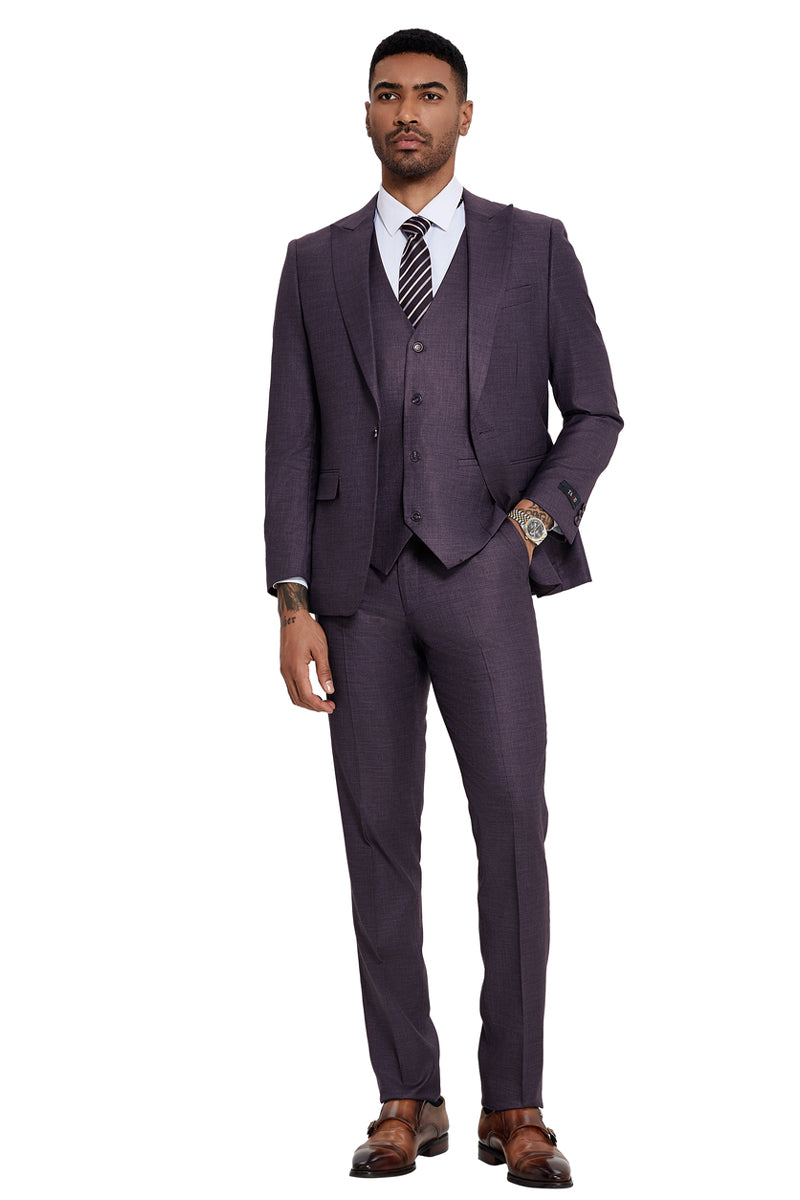 Men’s One Button Wide Peak Lapel Vested Slim Fit Suit in Eggplant Purple