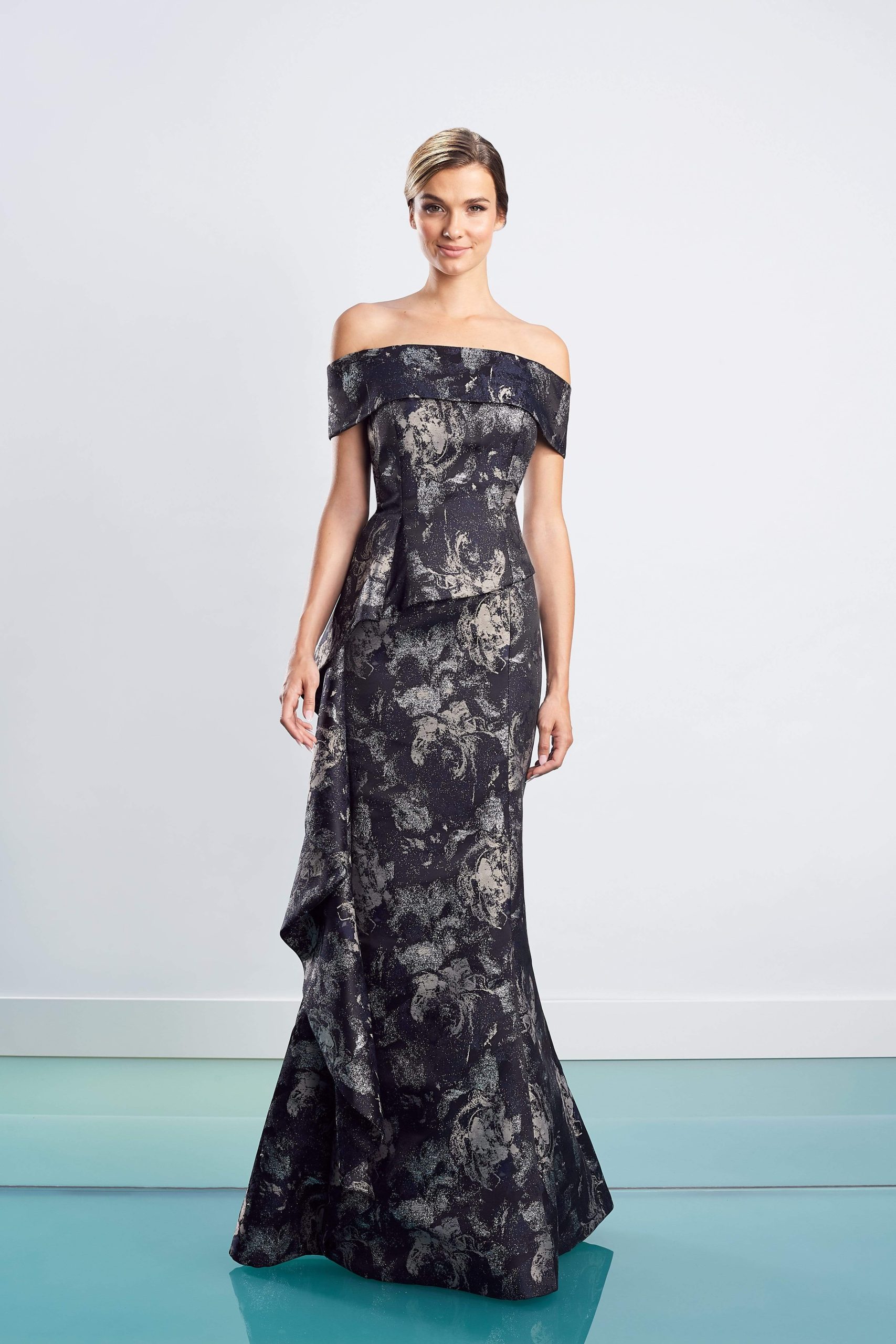 1467 Off Shoulder Glittered Floral Gown