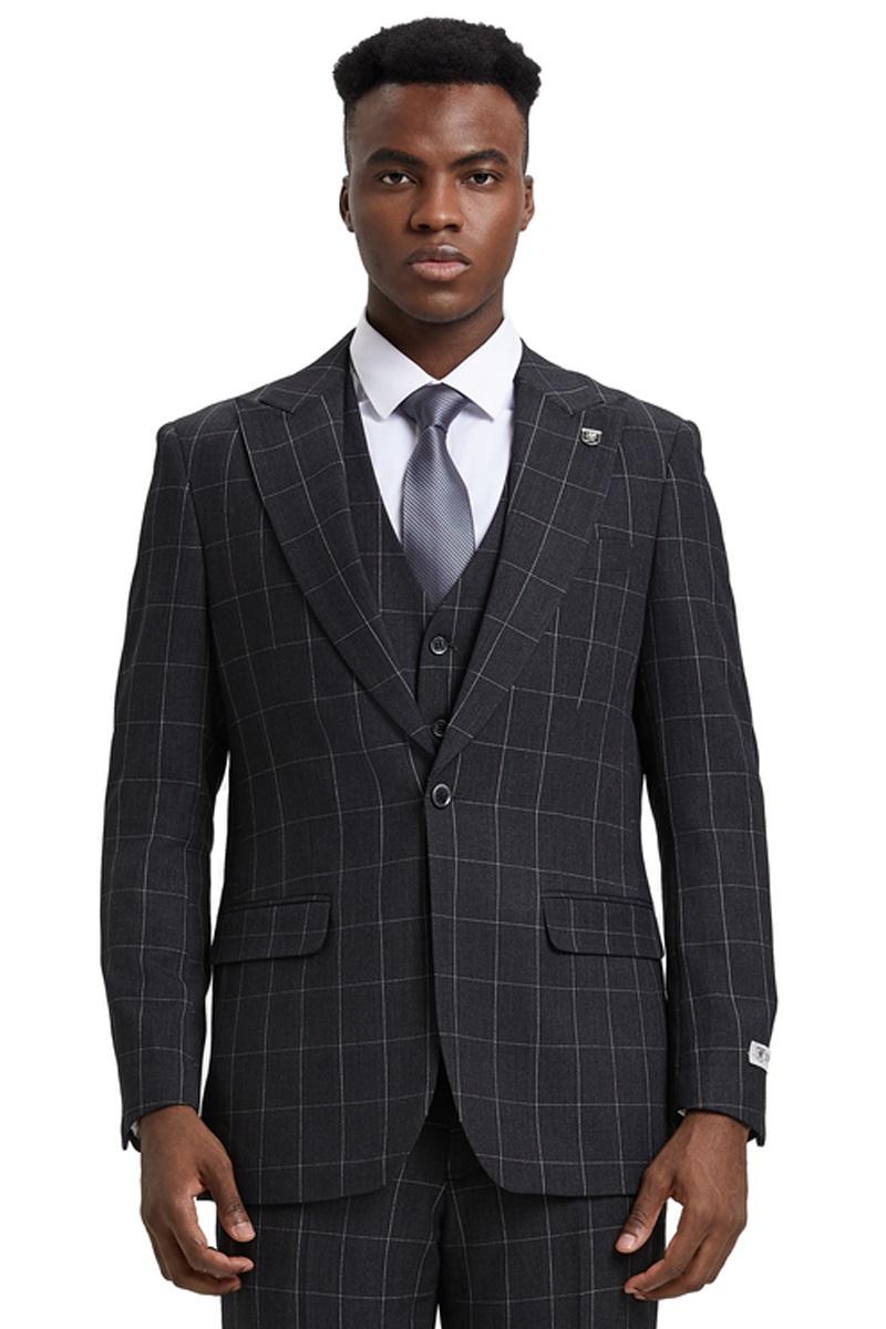 Men’s Stacy Adams Vest Classic Bold Windowpane Suit in Dark Charcoal Grey