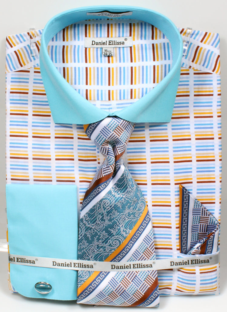 Men’s Wide Spread Collar Contrast Cuff Horizontal Multi Stripe Dress Shirt & Tie Set in Turquoise