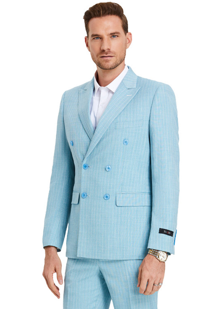 Men’s Slim Fit Double Breasted Summer Pastel Suit in Teal Blue Pinstripe