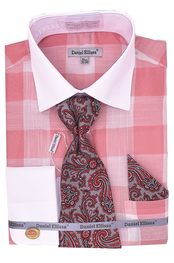 Men’s Contrast Collar & French Cuff Picnic Plaid Dress Shirt Set in Coral Pink