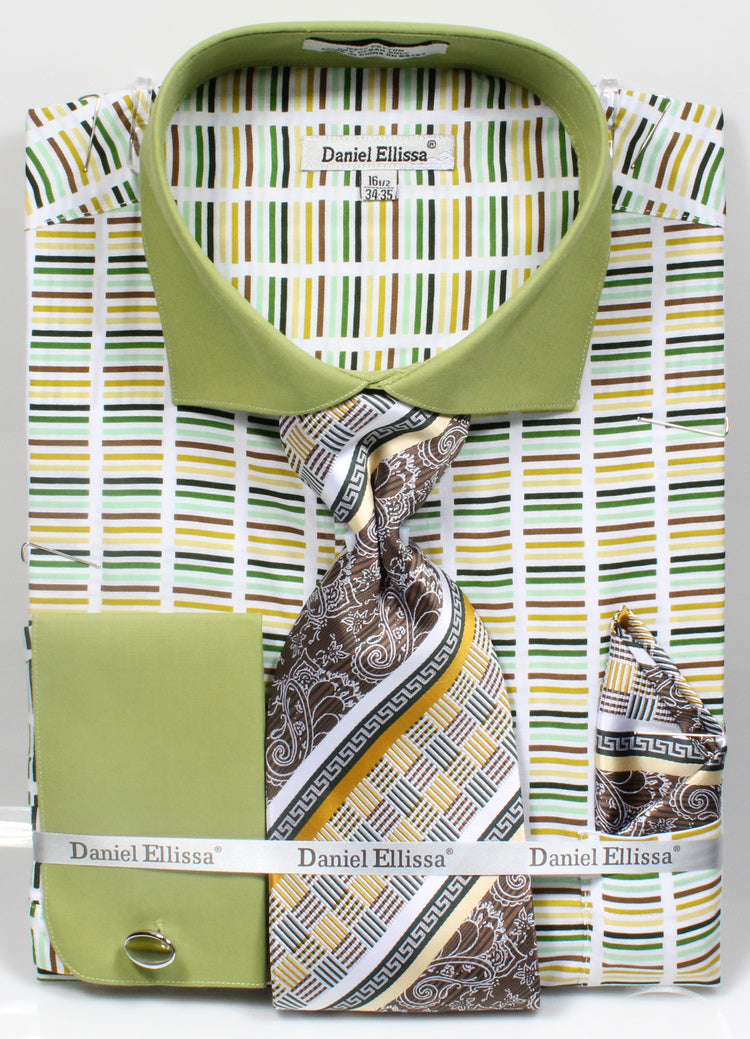 Men’s Wide Spread Collar Contrast Cuff Horizontal Multi Stripe Dress Shirt & Tie Set in Green