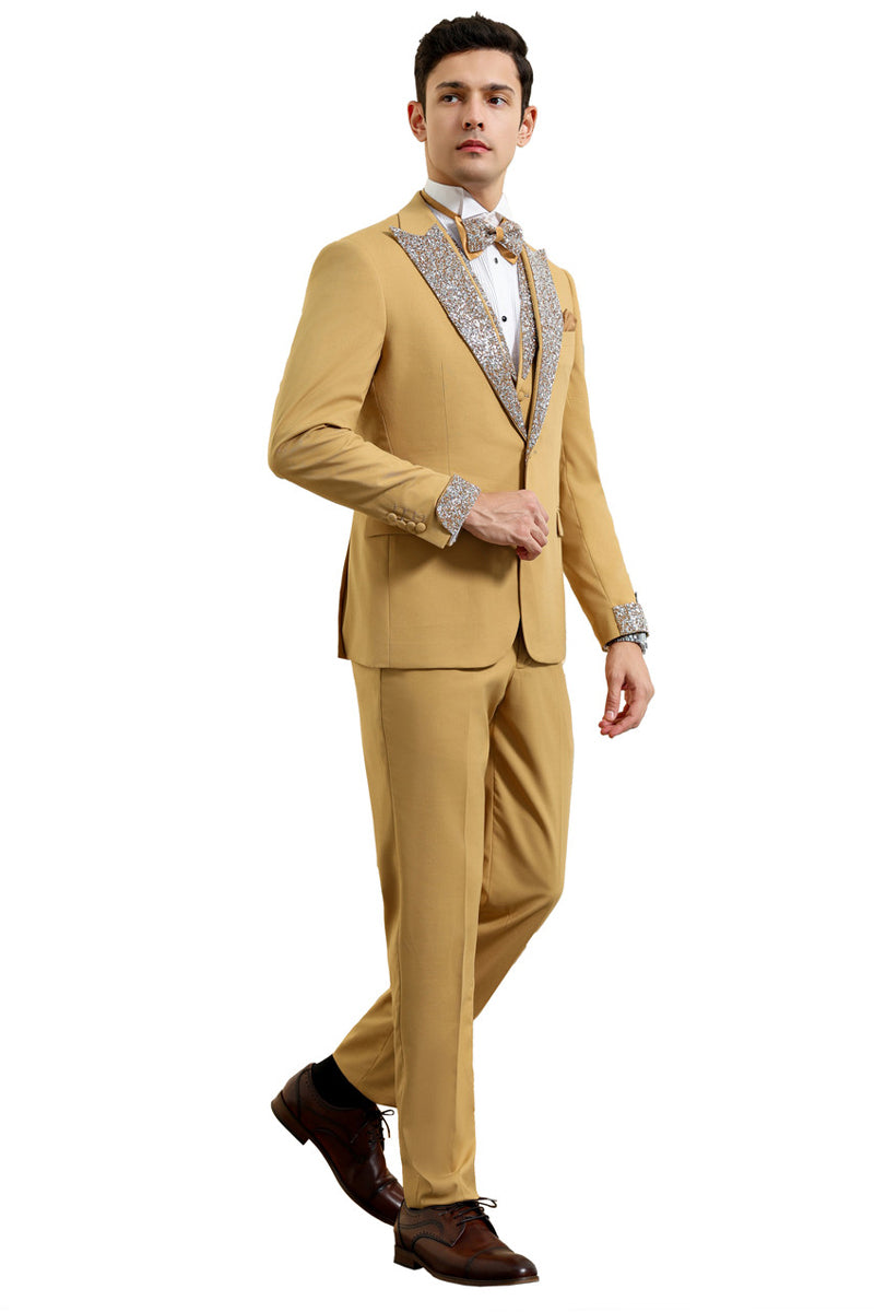 Men’s One Button Rhinestone Peak Lapel Vested Prom Tuxedo in Champagne