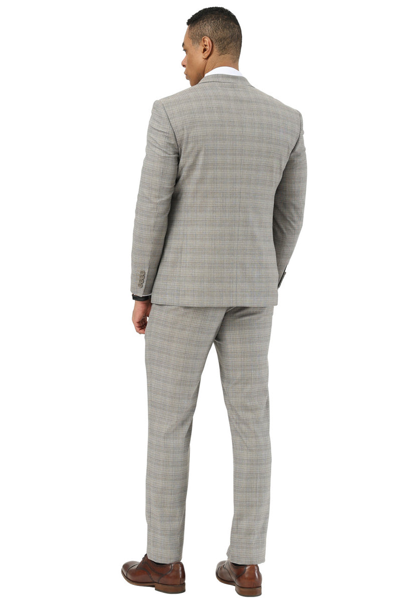 Men’s Stacy Adams Two Button Peak Lapel Suit with Scoop Vest in Kahki Glen Plaid