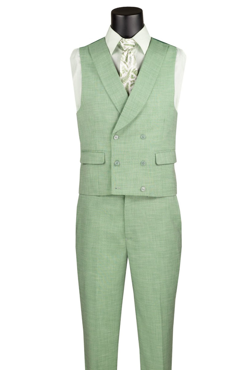 Men’s Summer Sharkskin Suit with Double Breasted Vest in Light Green