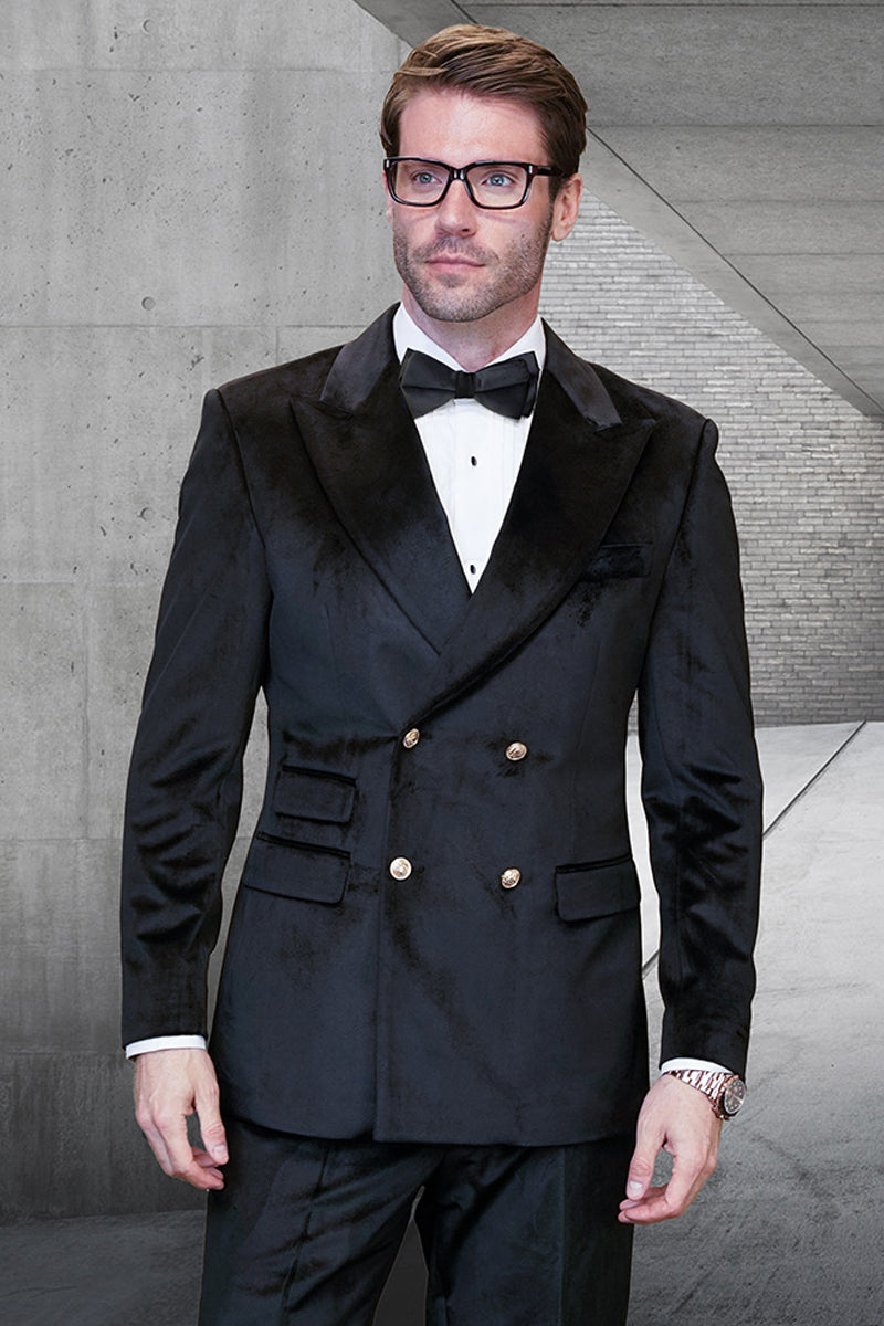 Men’s Designer Double Breasted Velvet Suti with Gold Buttons in Black