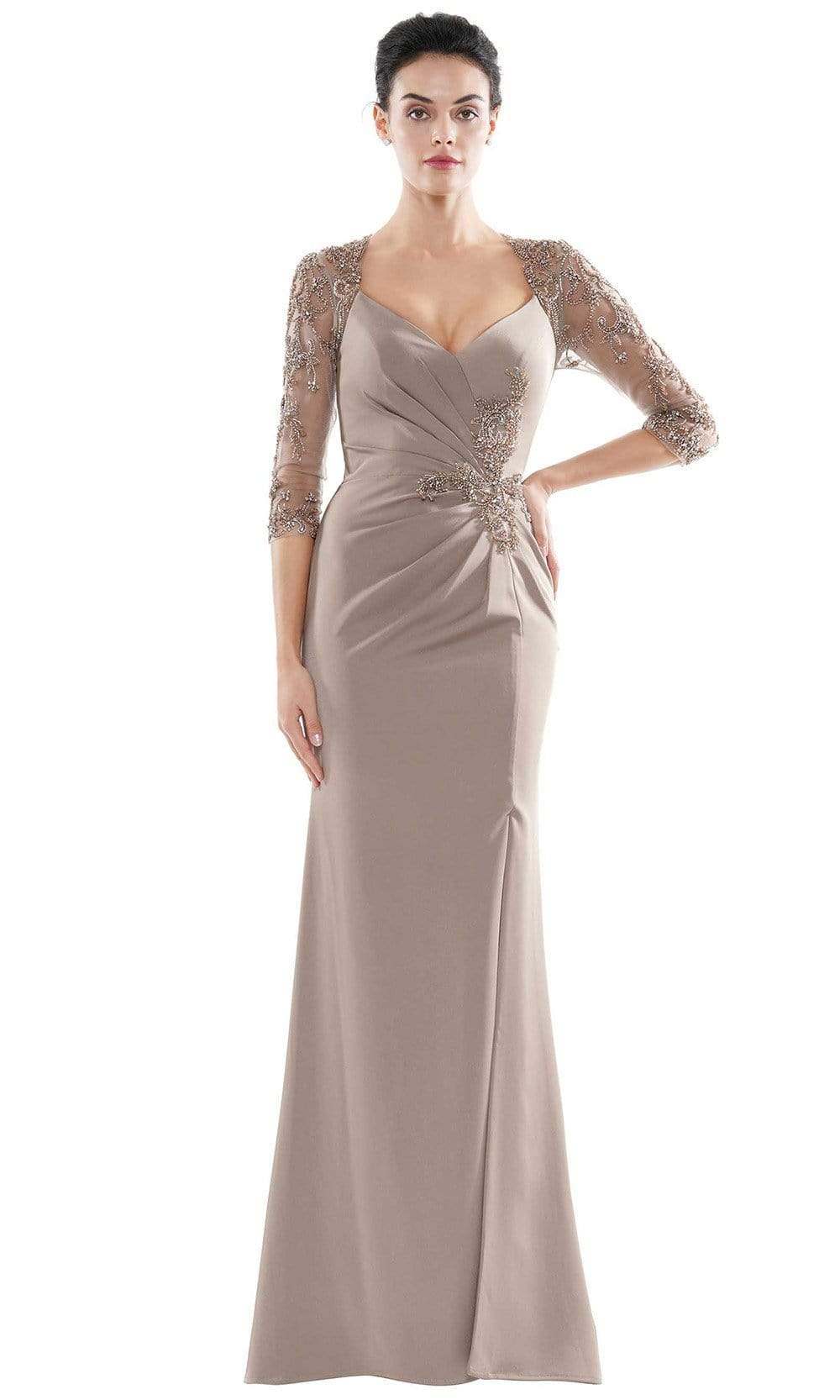 MV1070 Beaded Sheer Sleeves V Neckline Slit Gown