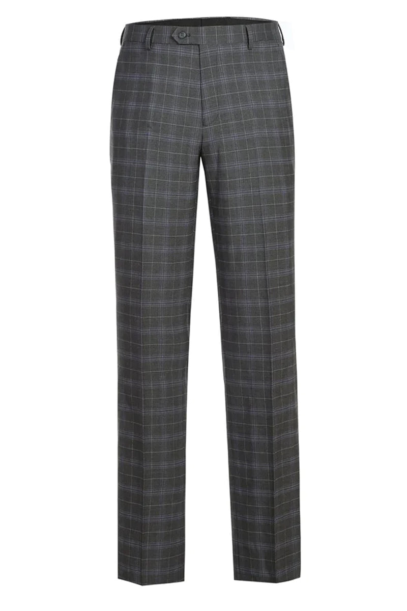 Mens Classic Fit Two Button Suit in Dark Grey and Lavender Windowpane Plaid