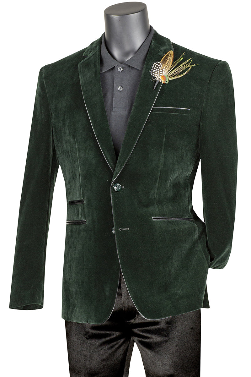 Men’s 2 Button Velvet Blazer in Emerald Green with Black leather Piping Trim