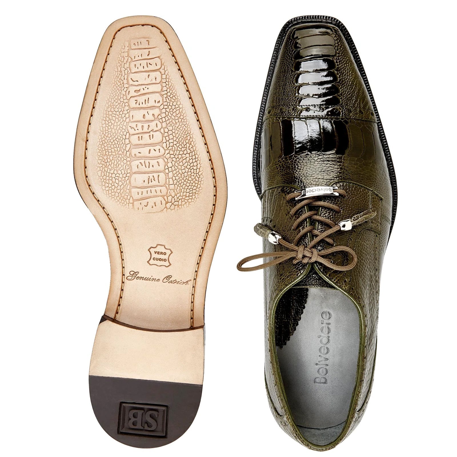 Men’s Belvedere Batta Cap Toe Ostrich Dress Shoe in Olive Green