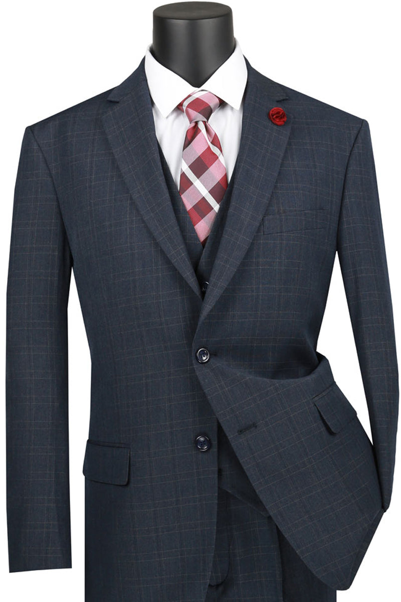 Men’s Classic Modern Fit Vested Tonal Windowpane Plaid Suit in Blue