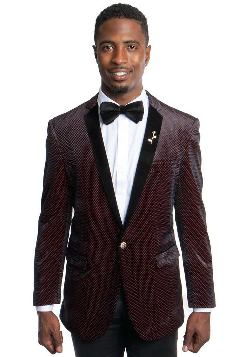 Men’s One Button Slim Fit Textured Velvet Tuxedo Dinner Jacket in Black & Red