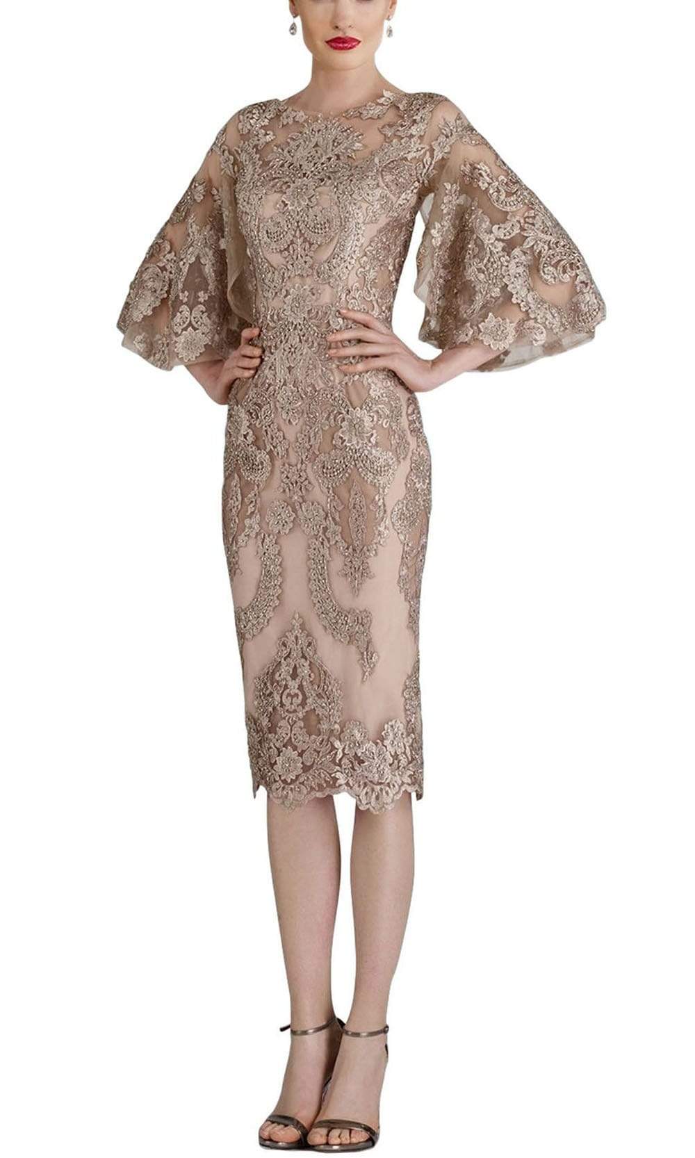 W2068 Quarter Tulip Sleeves Lace Appliqued Sheath Dress