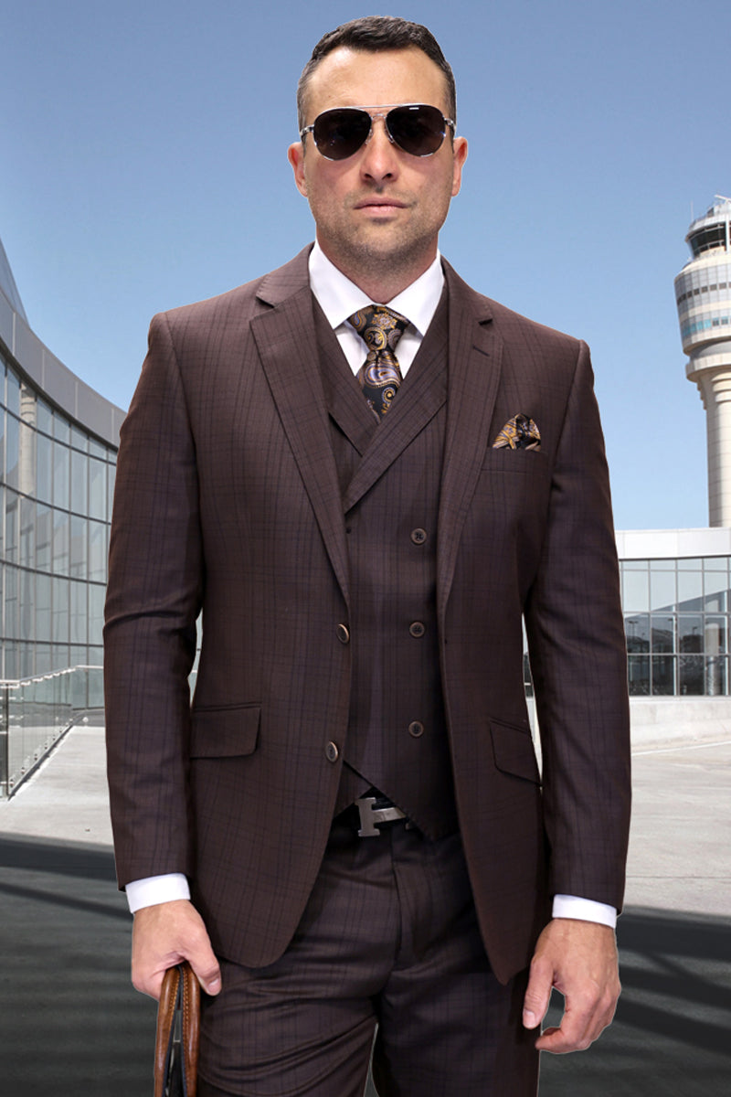 Men’s Two Button Modern Fit Wool Suit in Brown Plaid with Double Breasted Vest
