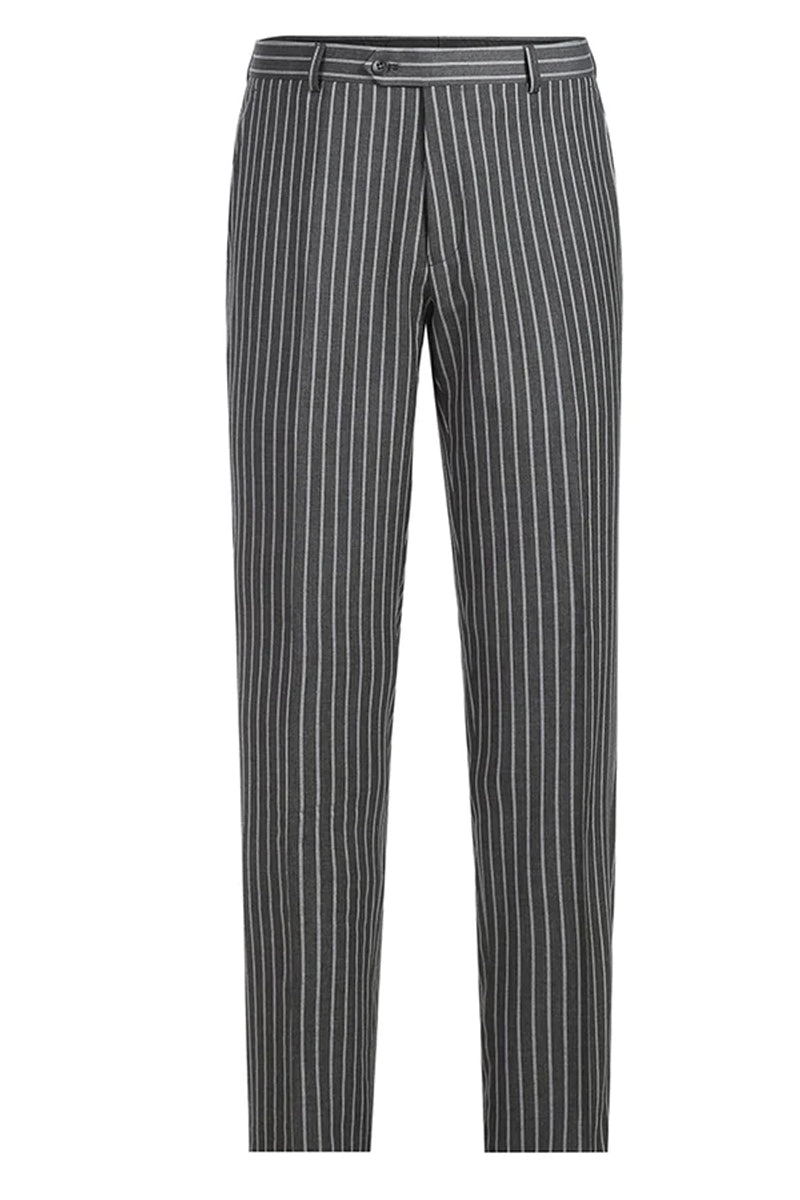 Mens Classic Fit Double Breasted Suin in Charcoal Grey Bold Gangster Pinstripe