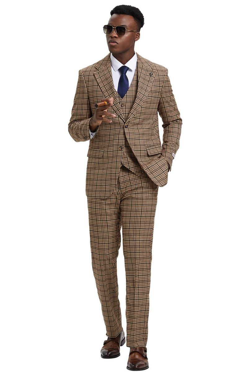Men’s Stacy Adams Vested Modern Fit Houndstooth Glen Plaid Suit in Camel & Green