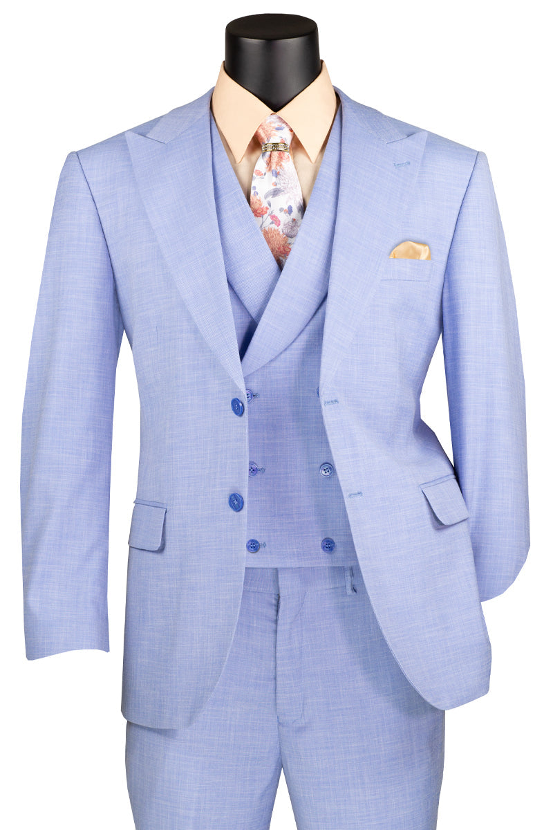 Men’s Summer Sharkskin Suit with Double Breasted Vest in Light Blue