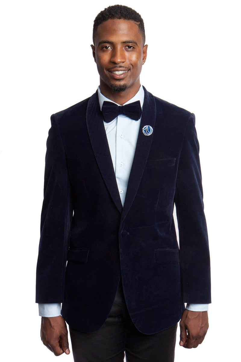 Men’s Slim Fit Shawl Lapel Velvet Dinner Jacket in Navy Blue