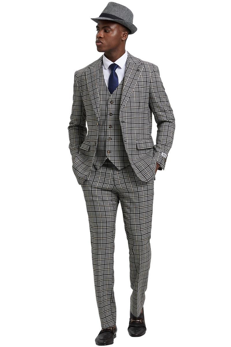 Men’s Stacy Adams Vested Modern Fit Houndstooth Glen Plaid Suit in Grey & Green