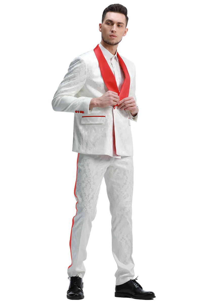 Men’s Slim Fit Double Breasted Paisley Smoking Jacket Prom & Wedding Tuxedo in White & Red