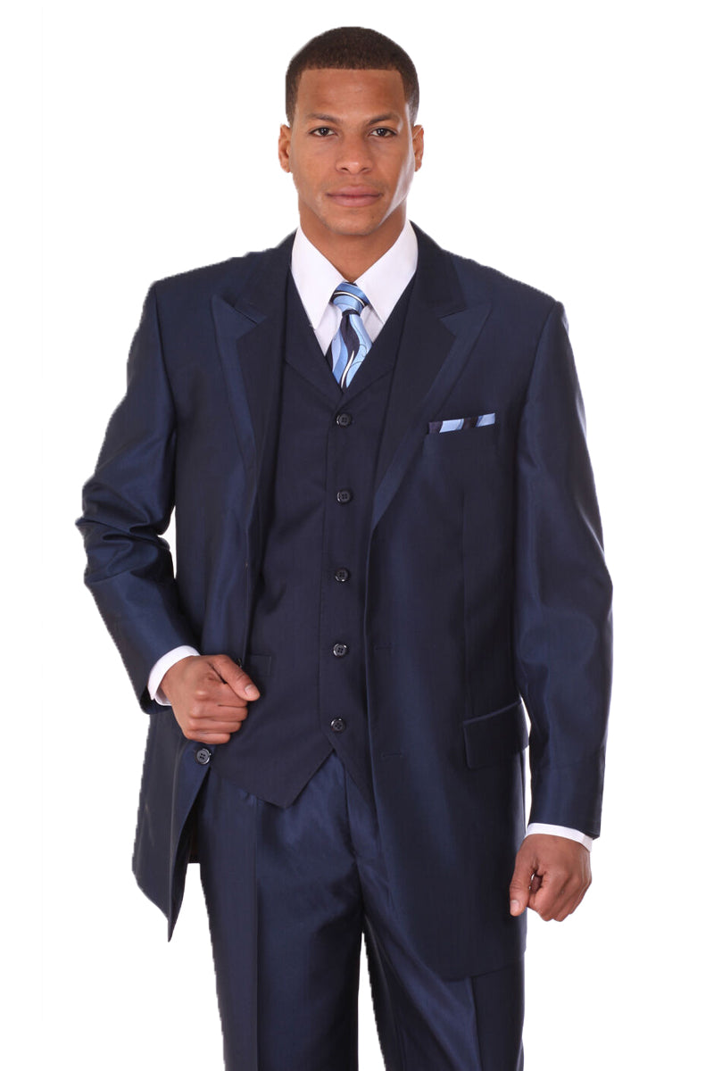 Mens 3 Button Vested Wide Peak Lapel Two Tone Sharkskin Suit in Navy Blue