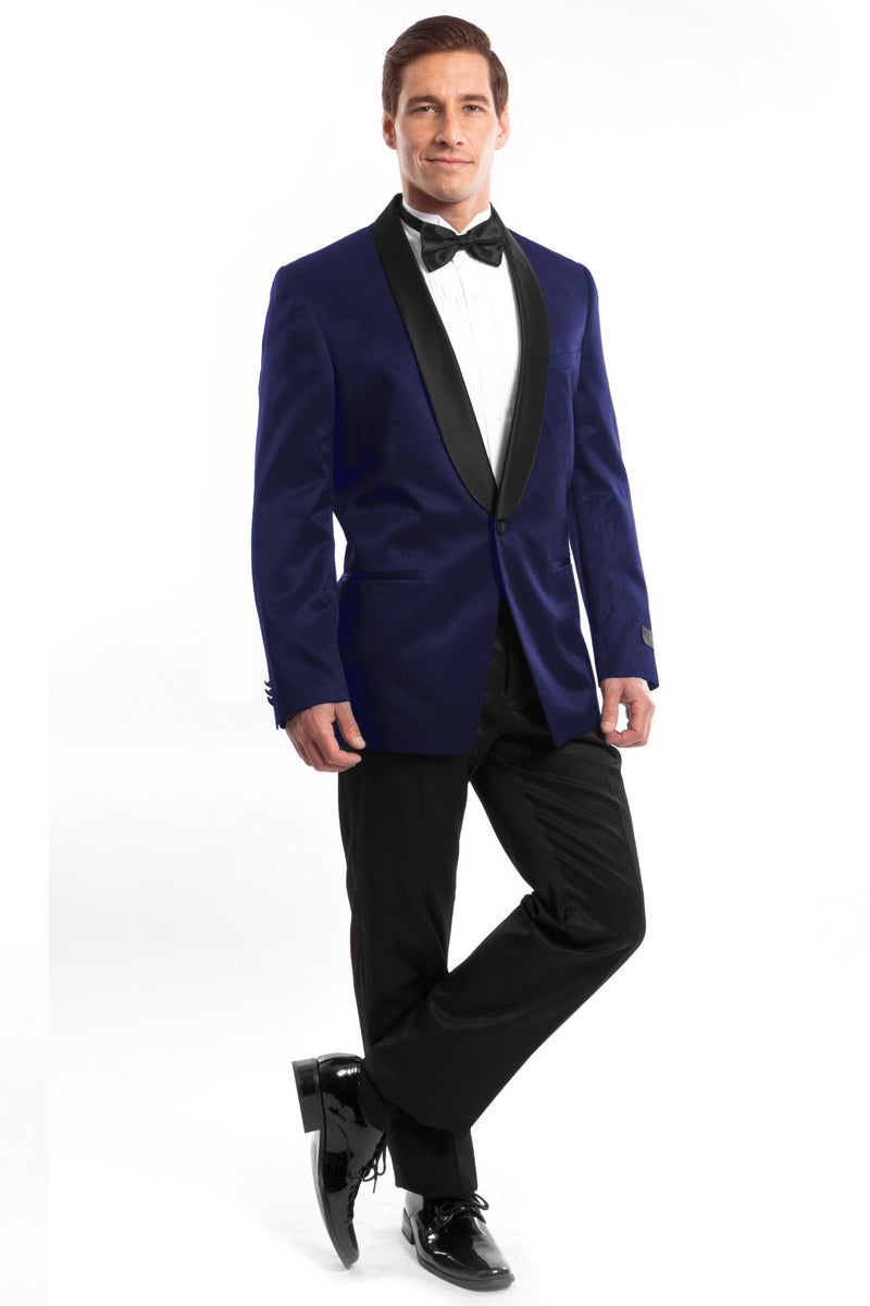 Men’s Slim Fit Shawl Tuxedo in Navy Blue Satin Birdseye