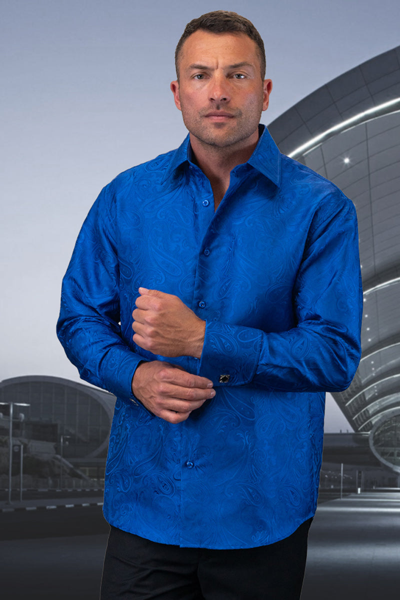 Men’s Fancy Long Sleeve Woven Paisley Dress Shirt in Sapphire Blue