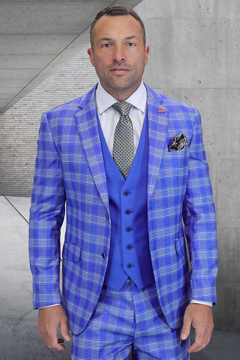 Men’s Designer Modern Fit Wool Suit in French Blue Plaid with Contrasting Vest