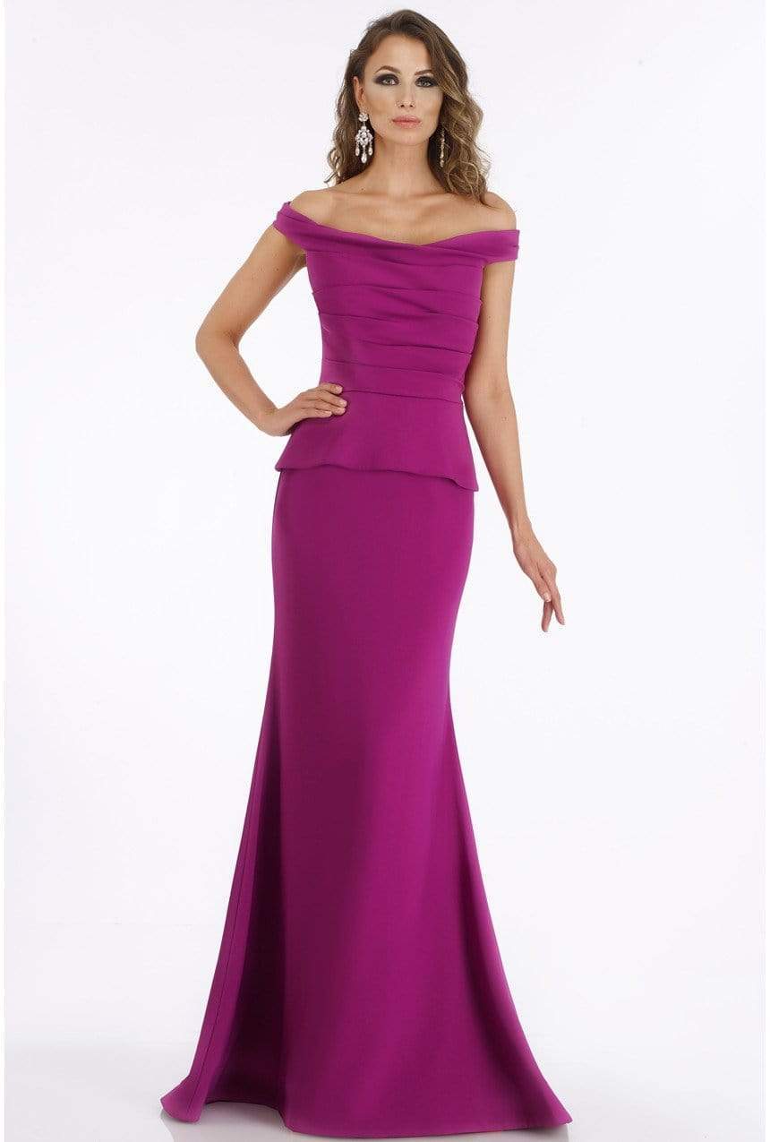12012 Pleated Off-Shoulder Trumpet Dress With Train