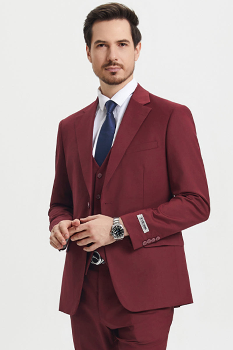 Men’s Two Button Vested Stacy Adams Basic Designer Suit in Burgundy