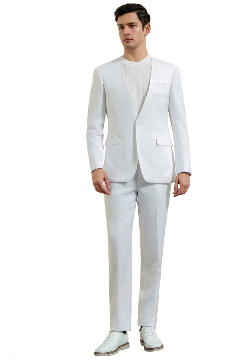 Men’s Modern Fit Collarless Summer Wedding Suit in White