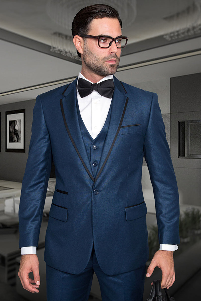 Men’s Designer One Button Shiny Sharkskin Tuxedo with Satin Trim in Indigo Blue