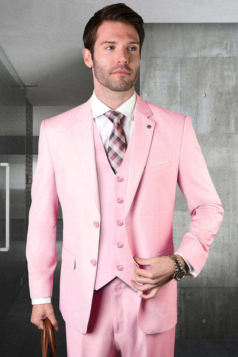Men’s Designer Vested Modern Fit Wool Business & Wedding Suit in Pink