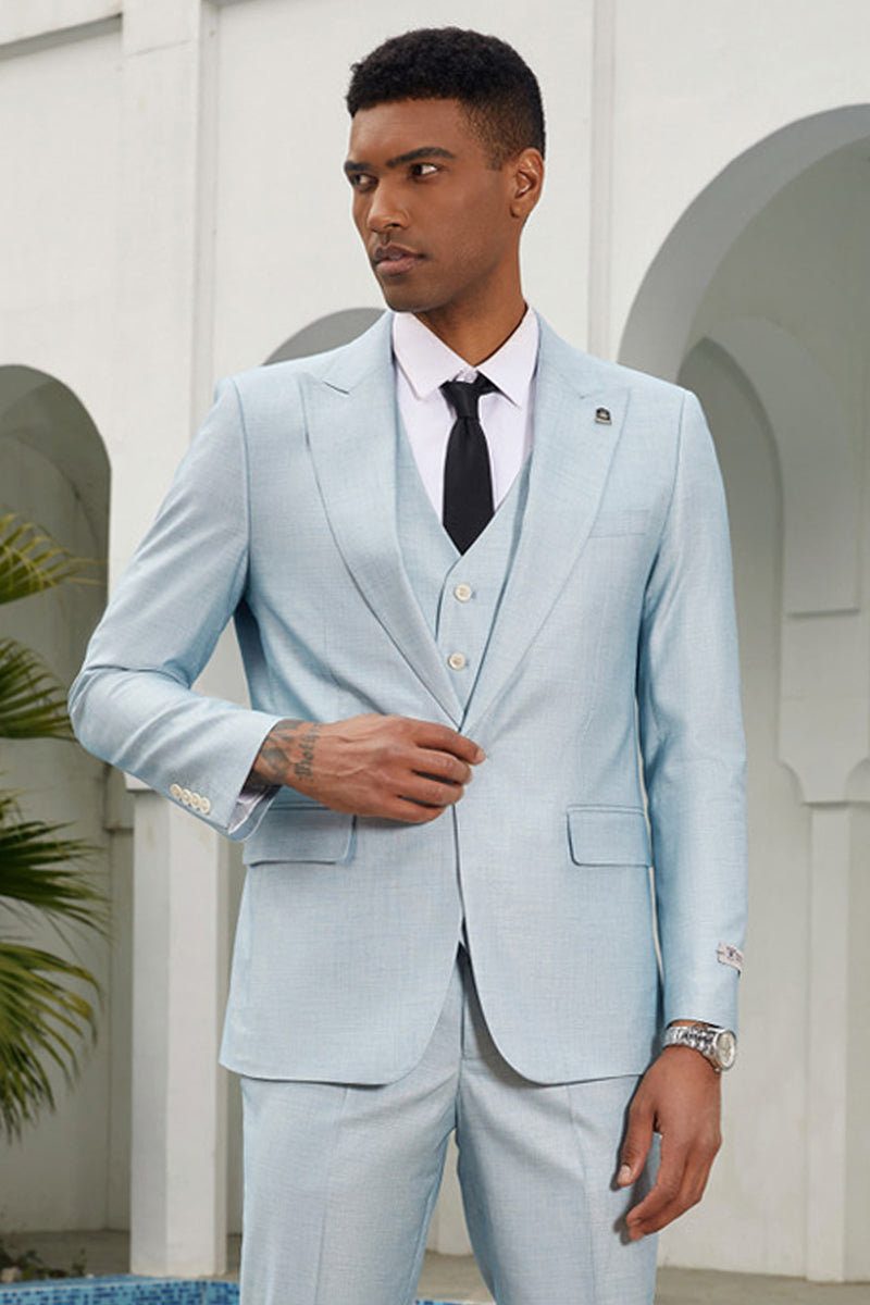 Men’s Stacy Adam’s Vested Summer Peak Lapel Suit in Grey Blue