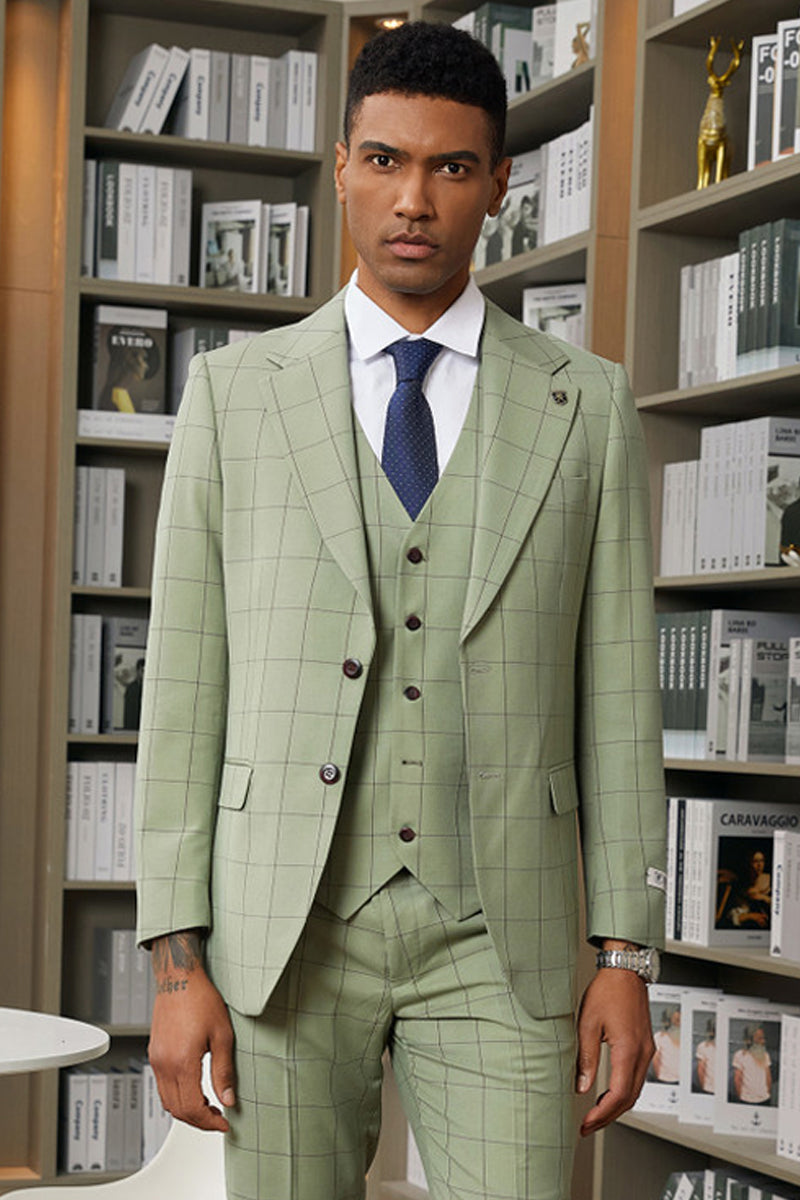Men’s Stacy Adam’s Two Button Wide Notch Lapel Vested Suit in Sage Green Windowpane Plaid