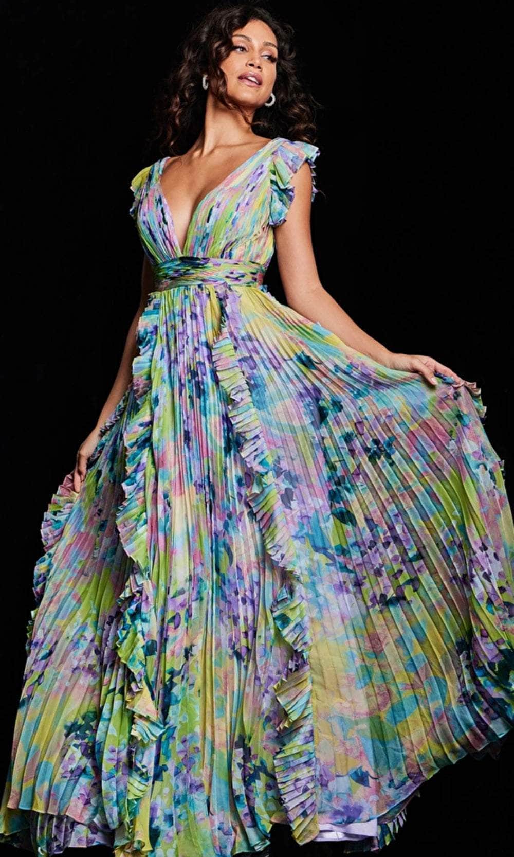 Flutter Sleeve Floral Evening Dress