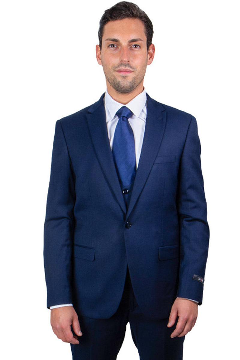 Men’s One Button Peak Lapel Skinny Wedding & Prom Suit with Lowcut Vest in Navy Blue