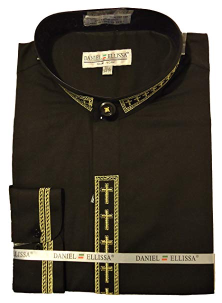 Men’s Cross Embroidered Banded Collar Dress Clergy Shirt in Black & Gold