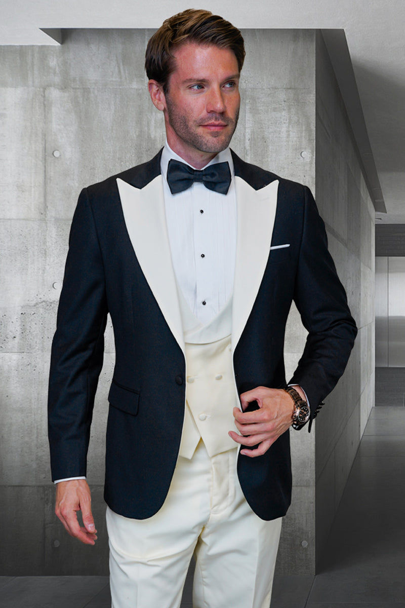 Men’s Designer Vested Contrast Peak Lapel Wool Wedding & Prom Tuxedo in Black & Ivory Off White