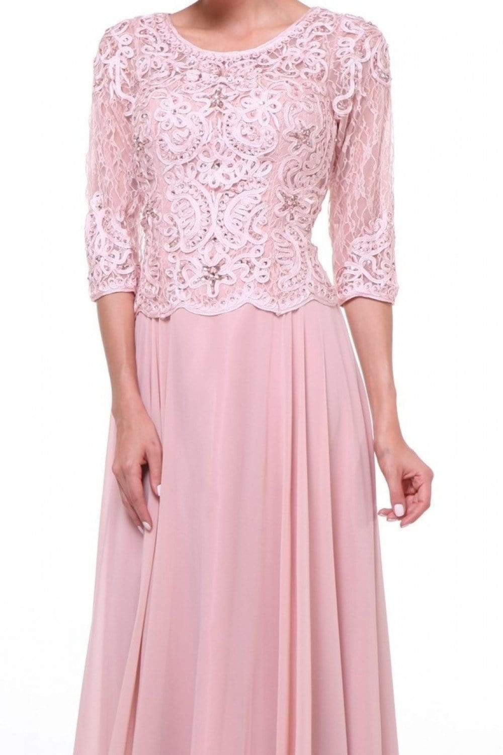 14327 Quarter Sleeve Soutache Bodice A-Line Long Formal Dress