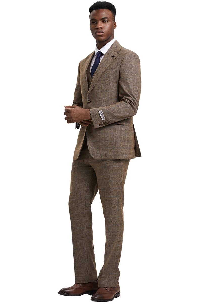 Men’s Stacy Adams Modern Fit Vested Suit in Taupe Micro Check Plaid