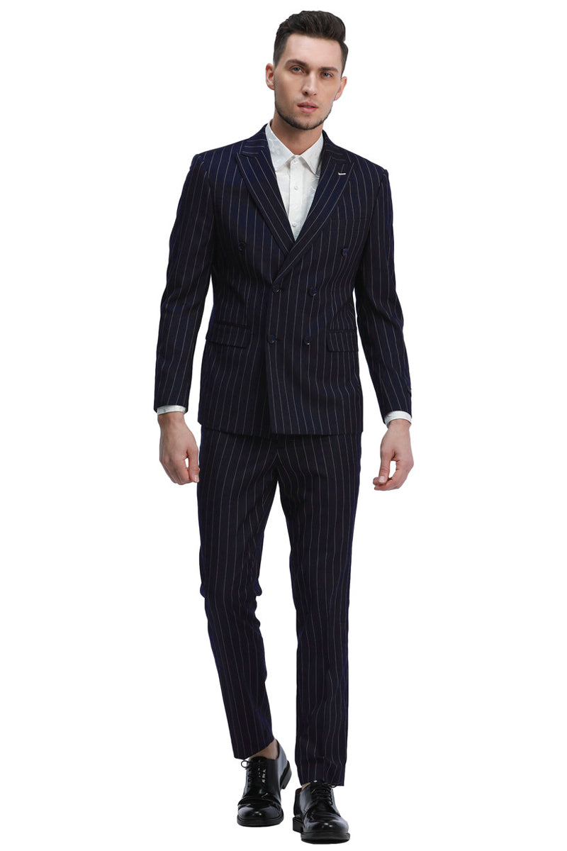 Men’s Slim Fit Double Breasted Bold Gangster Pinstripe Suit in Navy Blue
